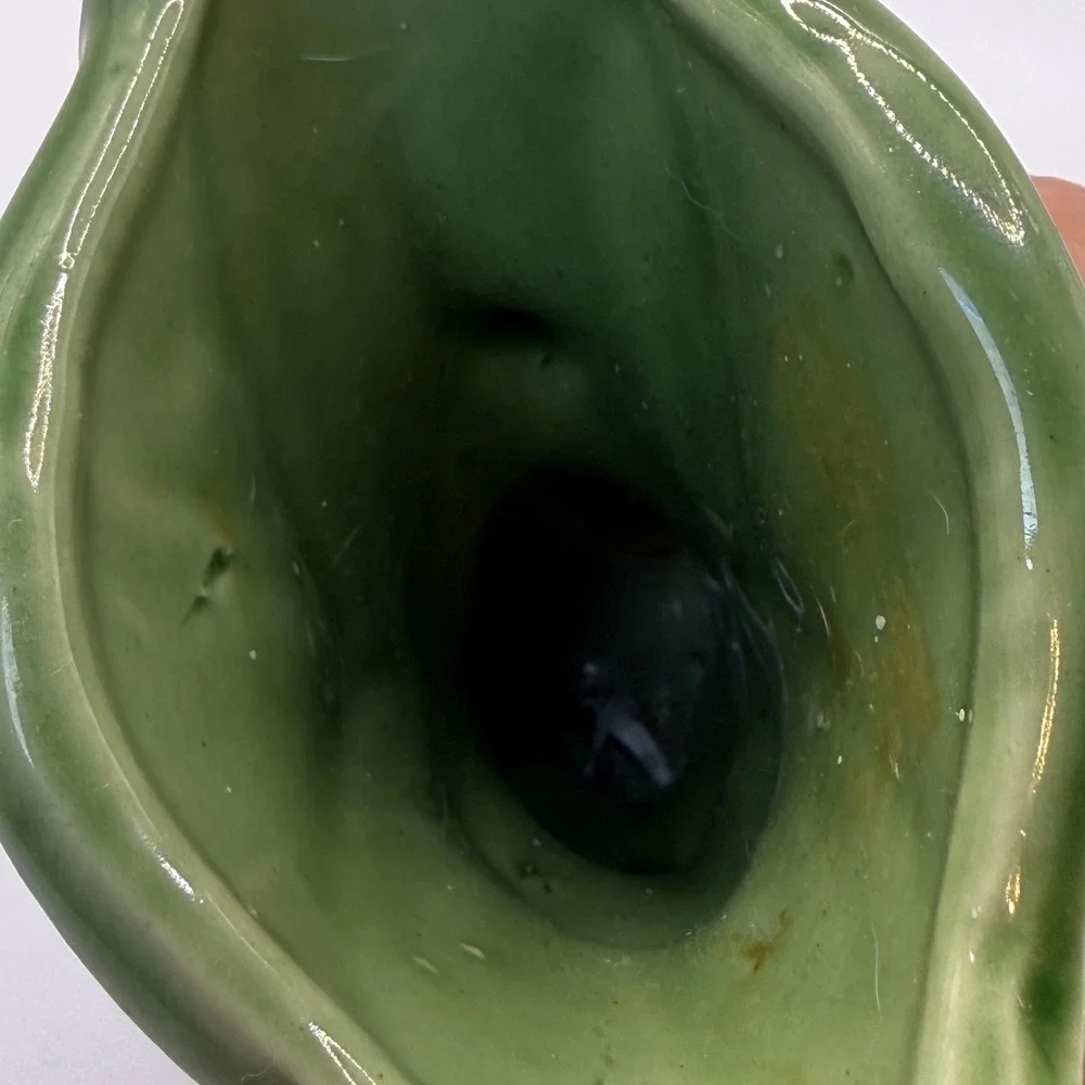 Vintage Green Glazed Ceramic Cornucopia Vase Art Deco USA 835 Mid Century 5in